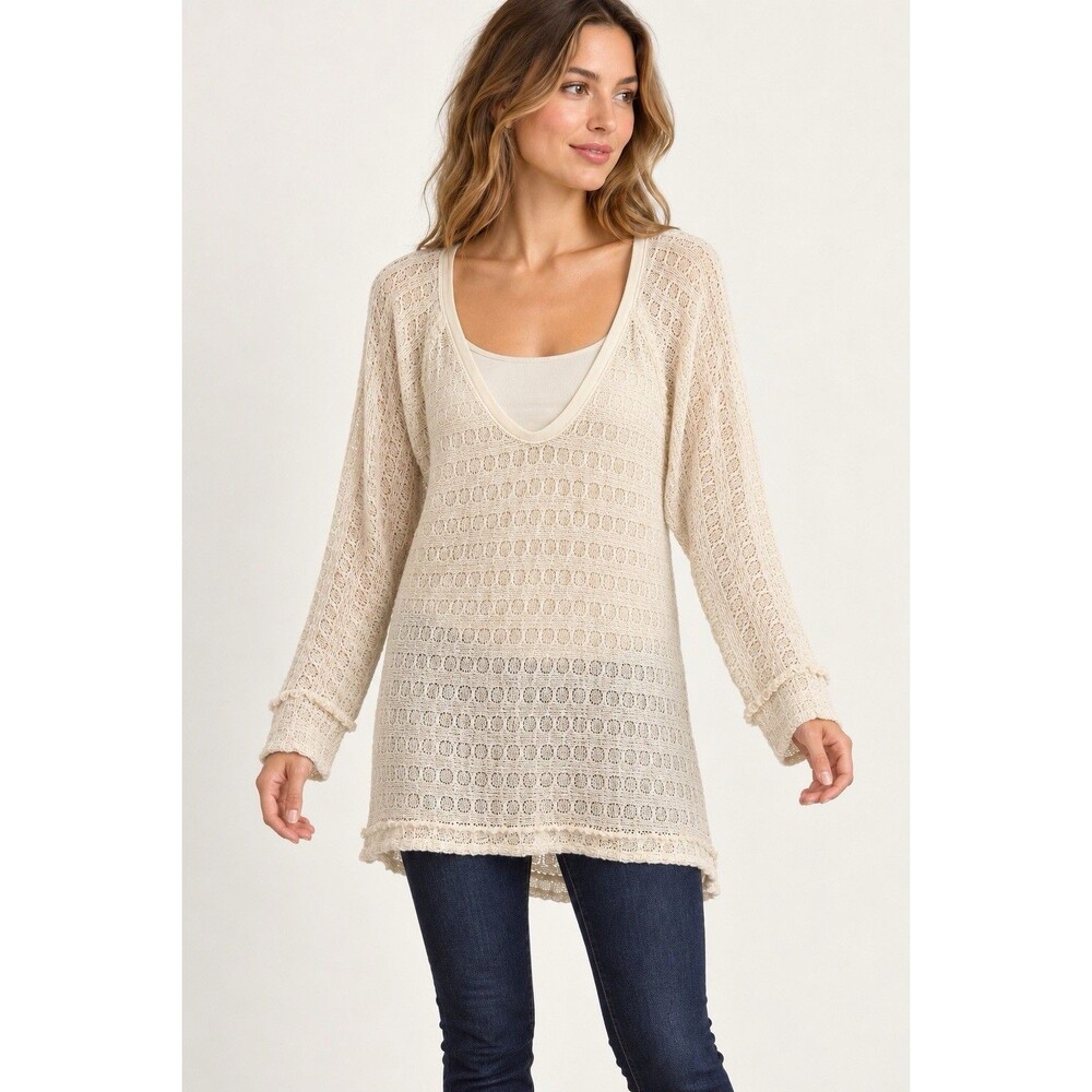Free People We The Free Open Knit Tunic Sweater Women L Cream Cotton Boho Large